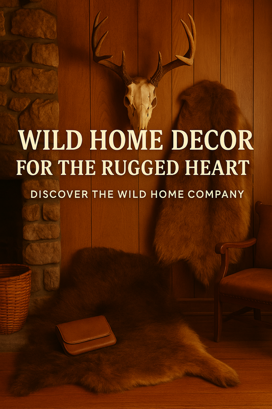 Rustic home decor setup with mounted deer skull, buffalo hide rug, leather goods, and wood-paneled walls – The Wild Home Company