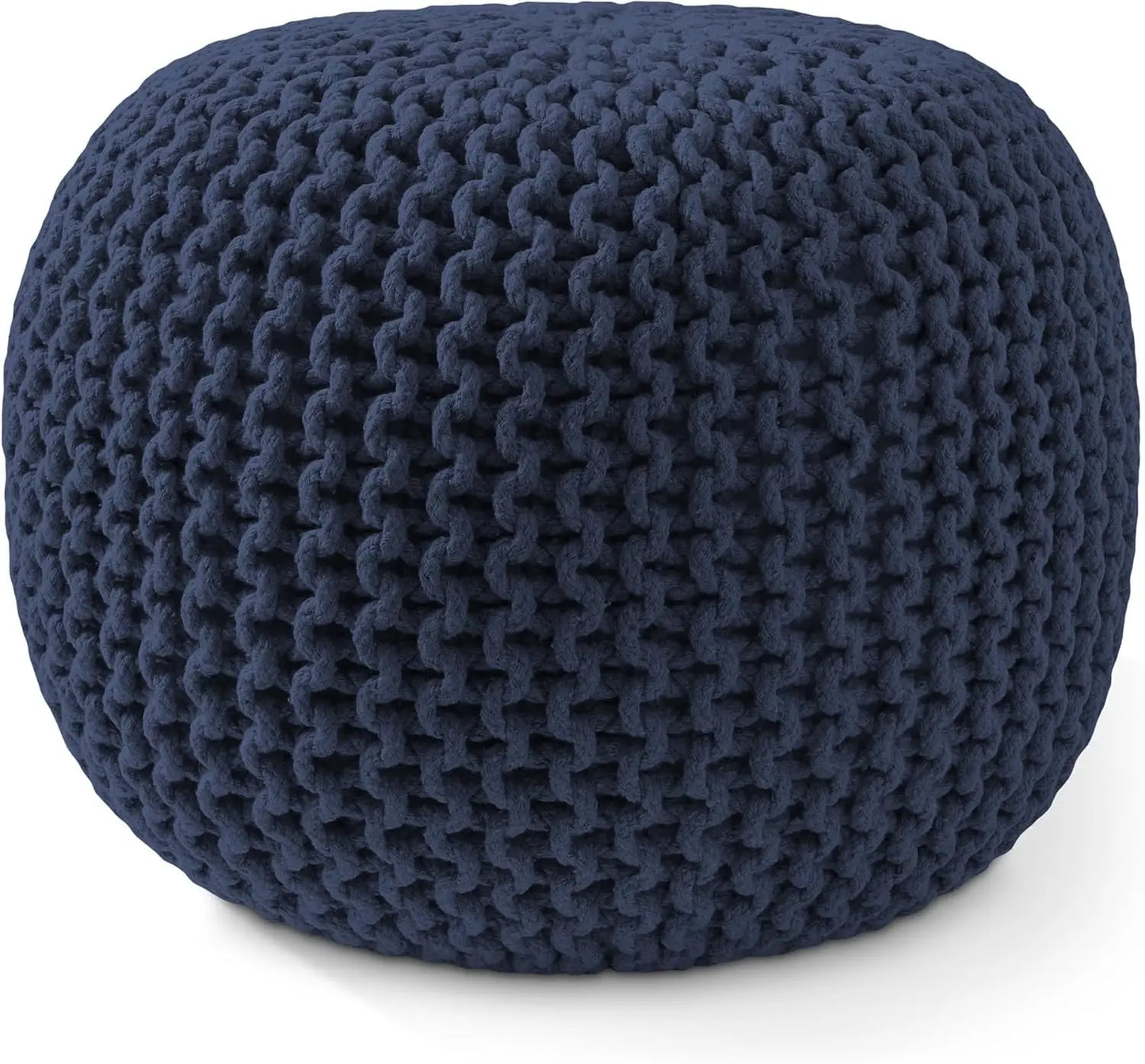Round Knit Pouf Ottoman – Navy Blue Cotton Boho Floor Stool (20" x 14.5")