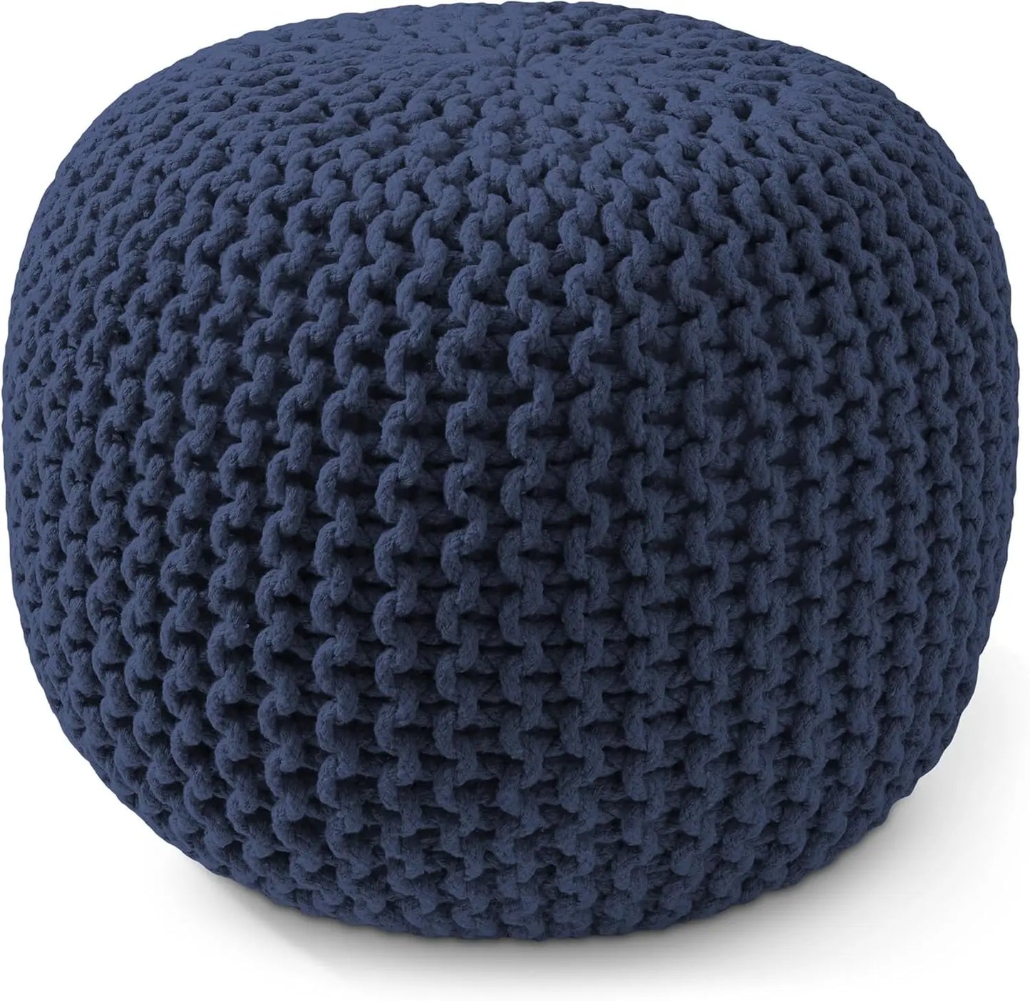 Round Knit Pouf Ottoman – Navy Blue Cotton Boho Floor Stool (20" x 14.5")