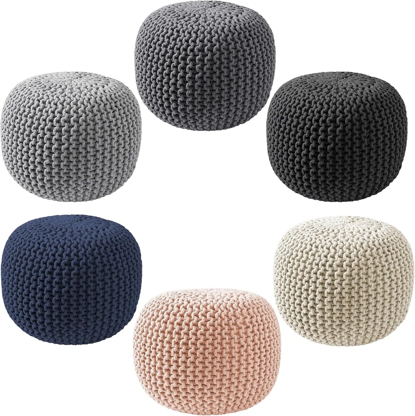 Round Knit Pouf Ottoman – Navy Blue Cotton Boho Floor Stool (20" x 14.5")