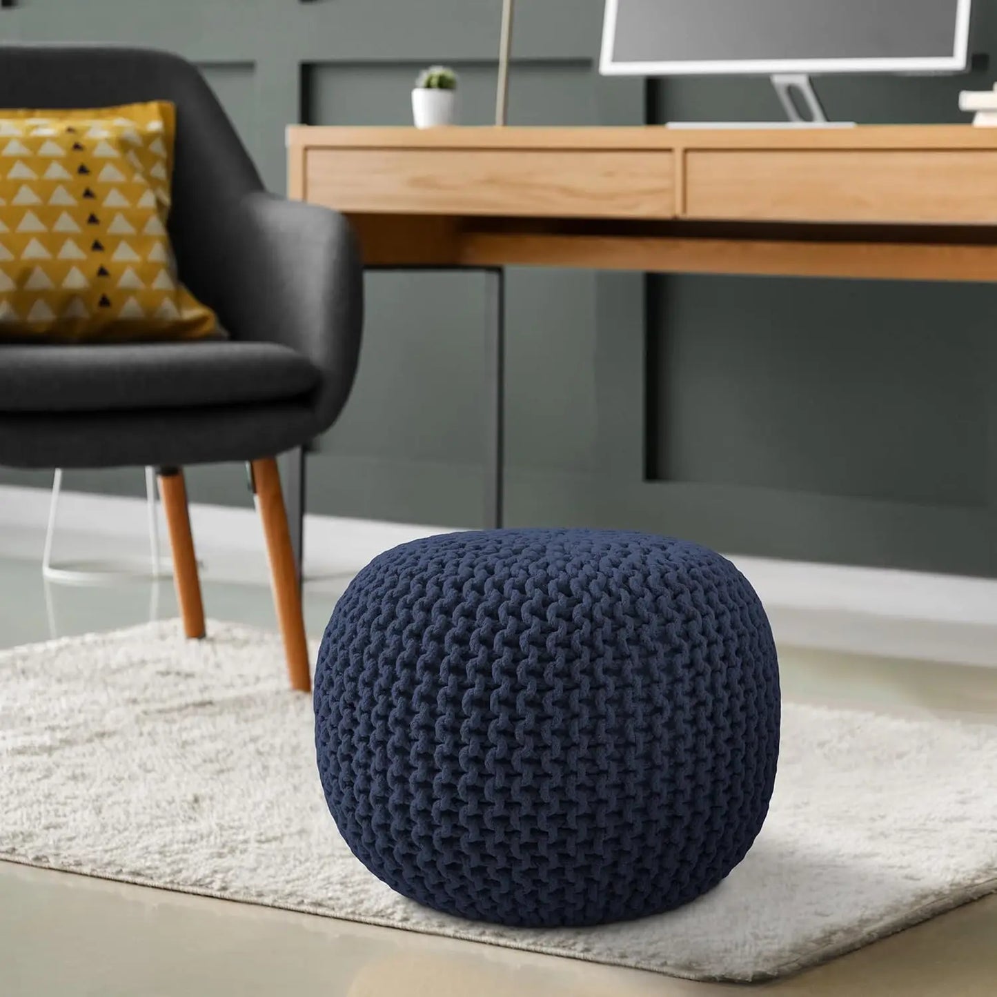 Round Knit Pouf Ottoman – Navy Blue Cotton Boho Floor Stool (20" x 14.5")